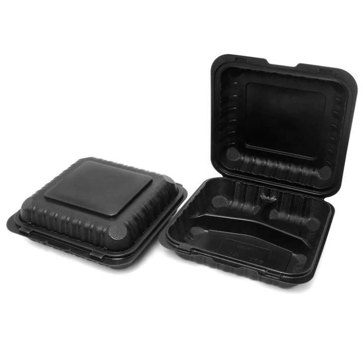 8x8 Inch Clamshell Disposable Food Container With 3 Compartment Black
